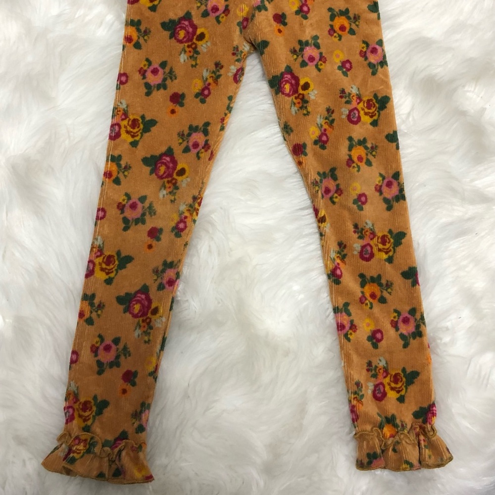 Matilda Jane floral mustard corduroy ruffle bottom pants, size 6.